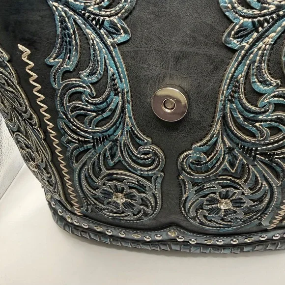 Western Embroidered Crossbody Bucket Bag Black Teal Floral Studded Concho Boho - Picture 9 of 14